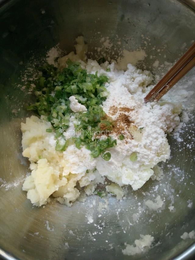 放入淀粉，盐，葱花，十三香，拌匀