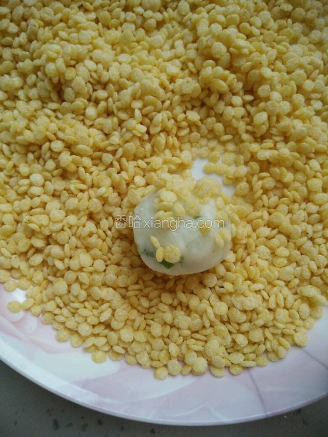 把做好的土豆球沾点水，然后沾满玉米片