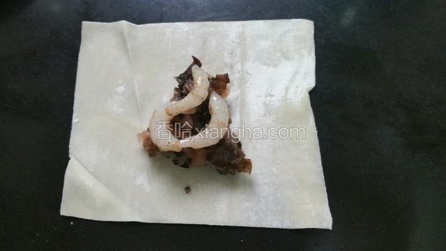 皮子里先放肉再铺虾肉