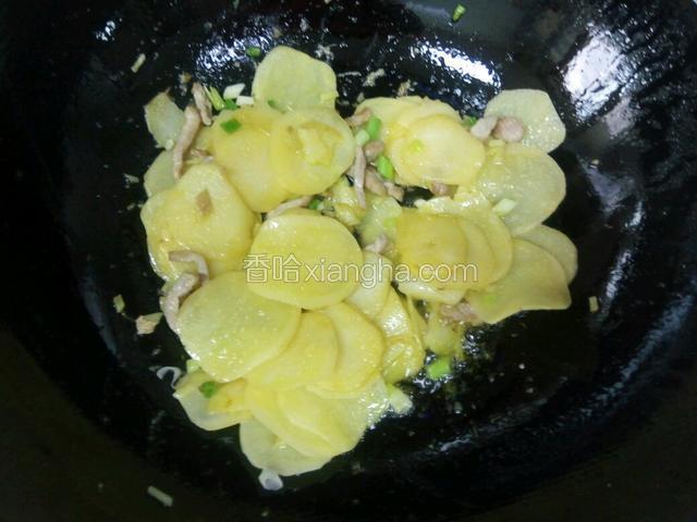 土豆片炒软加入葱姜翻炒