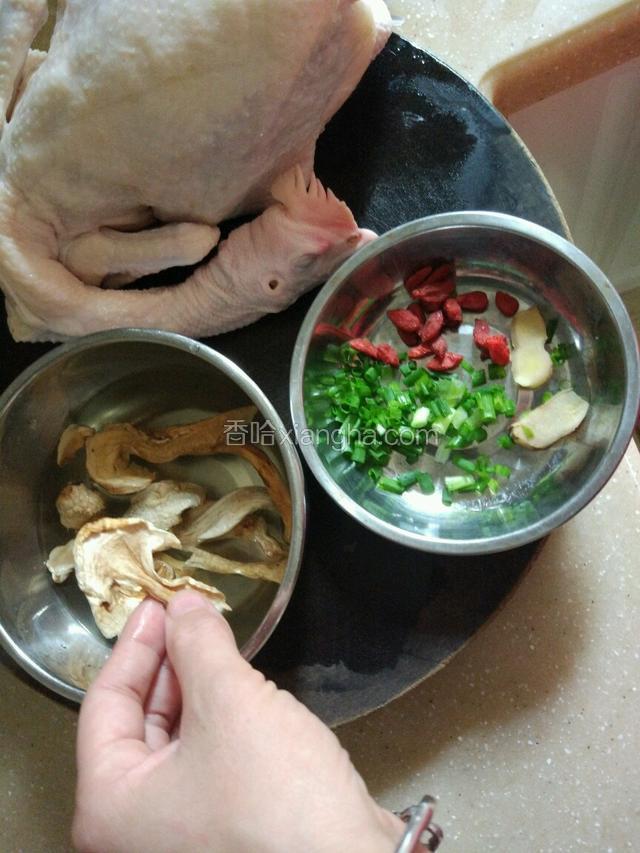 准备下食材！松茸要洗干净，提前泡发两个小时左右，姜切片，葱切段，备用！