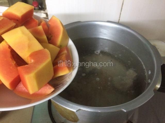 骨头入锅加入足够的水，大火煮开后火煮15分钟，不用盖锅盖。骨头汤煮一会儿后再倒入木瓜块。