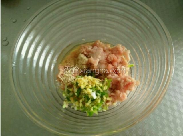 先把葱姜末，饺子王，料酒，鸡蛋清放进去。