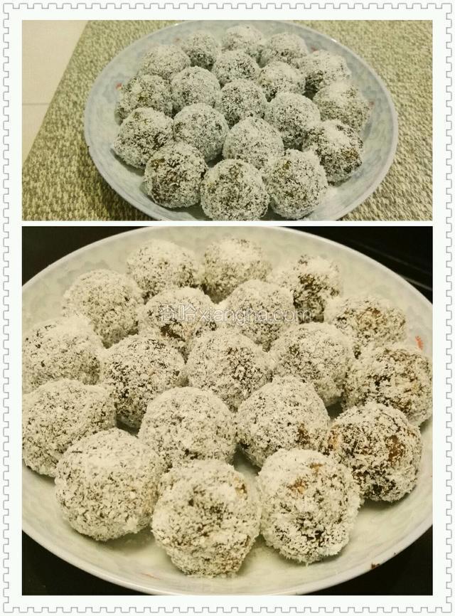用豆沙了蜜豆搅拌一起做成馅料，裹上一层椰蓉！