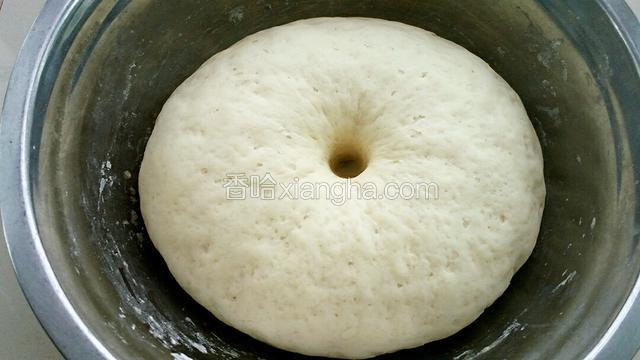 发酵至原来面团的两倍大，用食指在中间戳个洞，面团不回缩就表示面发好了。