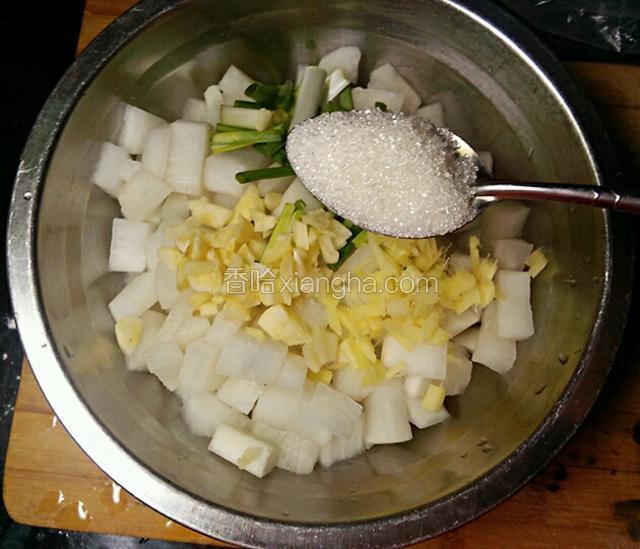 淘洗好的萝卜丁里放入葱姜蒜加放一勺白砂糖