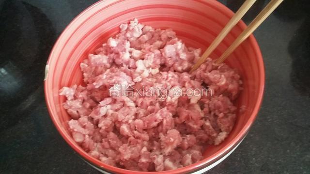 准备500克猪五花肉，用搅拌机搅成肉馅。