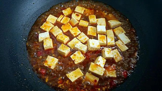 放入豆腐轻轻晃动锅，使豆腐均匀上色。
