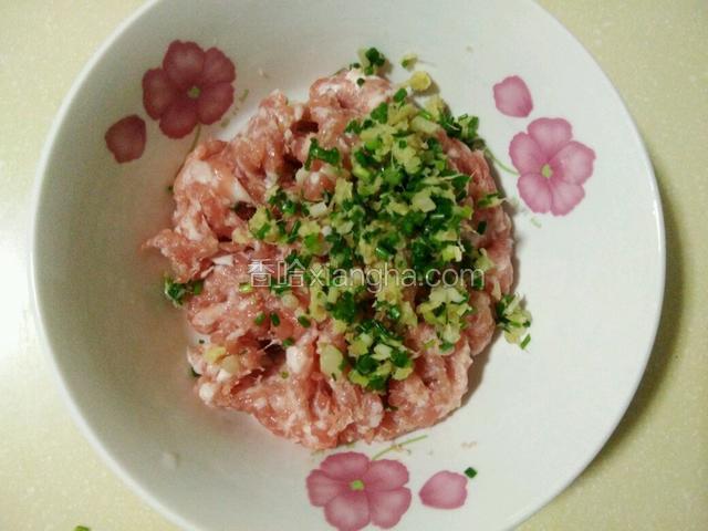 将葱姜加入肉沫里拌匀