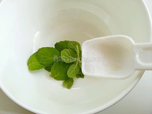 薄荷叶放碗里加一点盐，用清水浸泡十分钟，洗干净