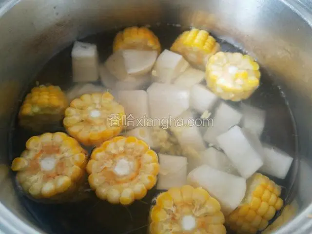锅中添半锅水，将锅烧开，锅烧开后放入玉米,萝卜,姜，锅再次煮开后转小火煮50分钟左右，煮至萝卜半透明。