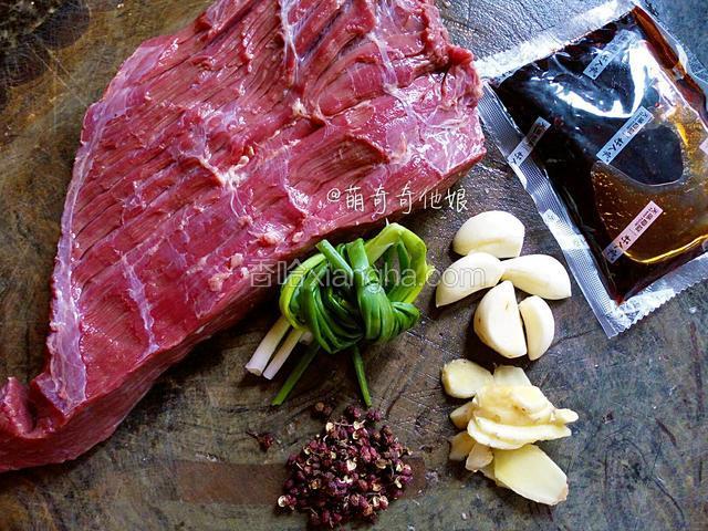 牛肉要选择筋少或者没有的，纹路清晰很长的，如图。葱打成葱结，大蒜去皮，姜切片，花椒粒适量，老卤汁一包。
