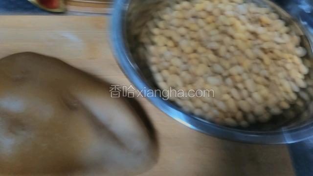 黄豆泡发，咸芥菜疙瘩洗净