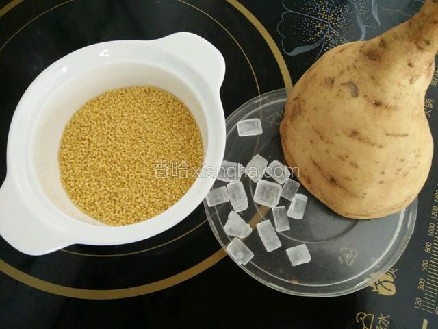 准备好小米冰糖和红薯。红薯要洗干净，我家这个红薯是黄心的，妈妈自己种的。