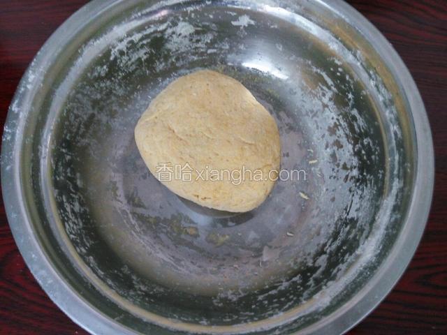 分次加水搅拌成絮状，揉成比较光滑的面团，保鲜膜盖好，放到温暖的地方发酵