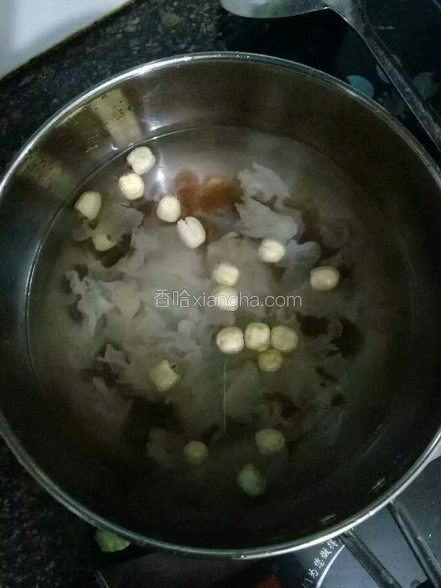 将莲子桂圆和银耳一起放入锅中，加足水大火烧开转中火炖一个小时。