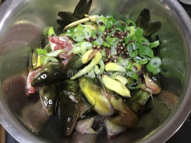 准备好小鱼，用姜片，葱，料酒，盐，胡椒粉，花椒腌制半小时