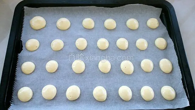 烤盘铺油纸，把面糊装入裱花袋中，在烤盘中挤出圆形，中间要间隔一些距离。