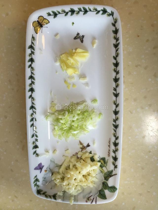 葱切葱花，姜切丝，蒜切片。