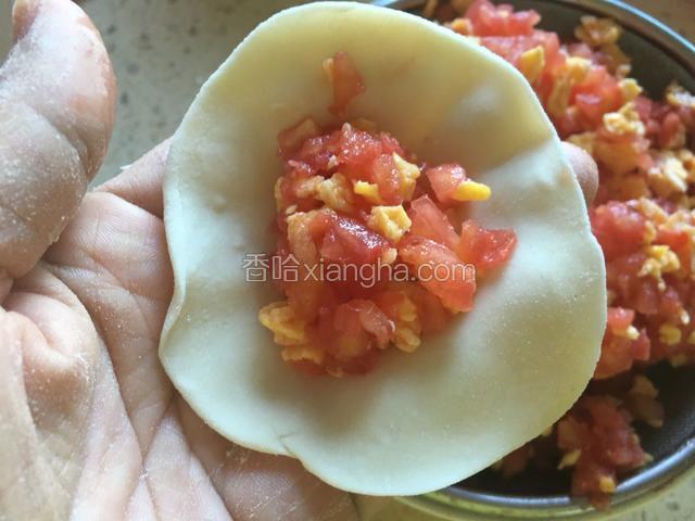 取一个饺子皮，放入适量的西红柿鸡蛋先儿。