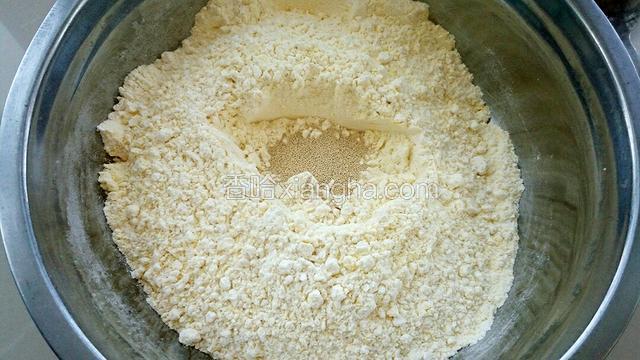 在面粉中间挖个小坑放入酵母。