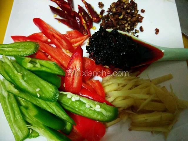 干辣椒，花椒，老干妈辣椒酱，姜丝，青红椒备料