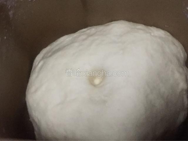 面团发酵到两倍大，手指沾干面粉，戳一个洞，不回缩就是发酵好了