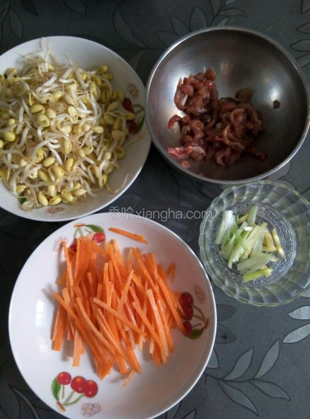 肉丝放入适量盐，生抽，料酒腌制十分钟，黄豆芽择掉毛根冲洗一下，胡萝卜洗净切成丝，葱姜切丝