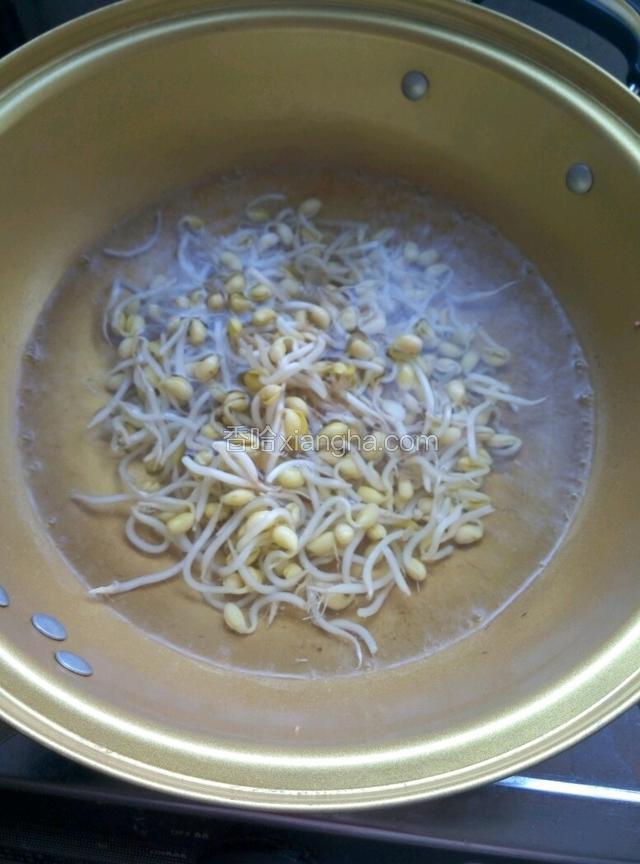 把豆芽放入开水锅里淖一下水捞出。