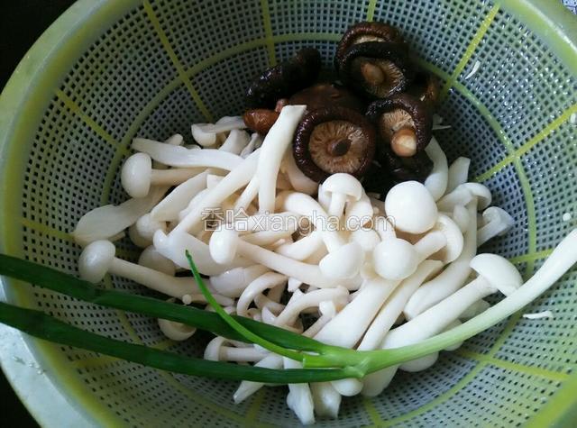 干香菇提前泡发洗净，葱和白玉菇洗净