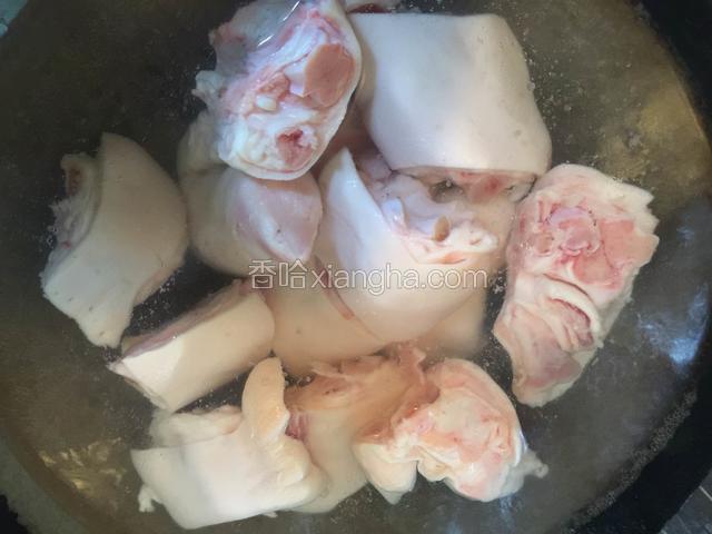 锅中放入适量清水烧开后放入猪蹄煮出血沫。