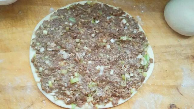 用擀面杖擀成碗边厚的皮，放入拌匀牛肉大葱馅，把牛肉馅抹平整