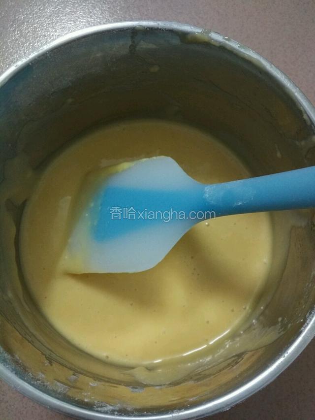 用刮刀以翻拌手法快速翻拌均匀，不要划圈过度搅拌哦以免面粉起筋。切记是翻拌手法哦