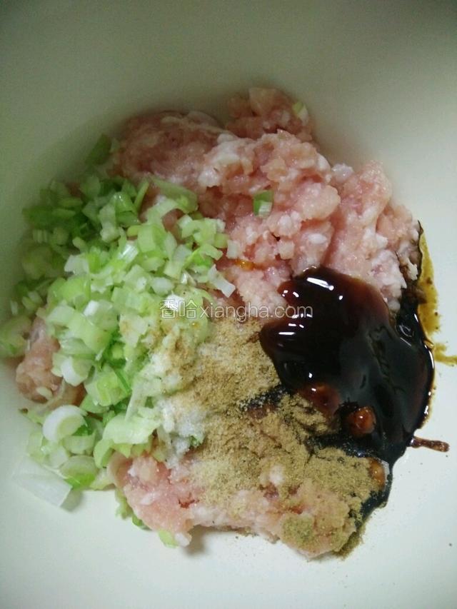肉馅里放入葱花，盐，十三香，牛肉粉，耗油，酱油