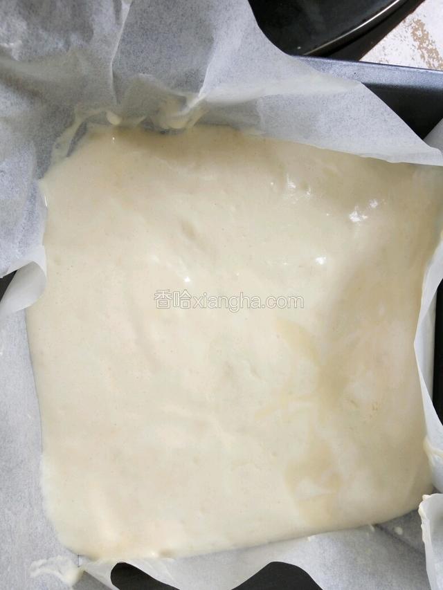 膜具放吸油纸，倒入蛋糕液，震去气泡，抹平