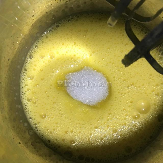 用打蛋器高速打至粗泡加入三分之一糖