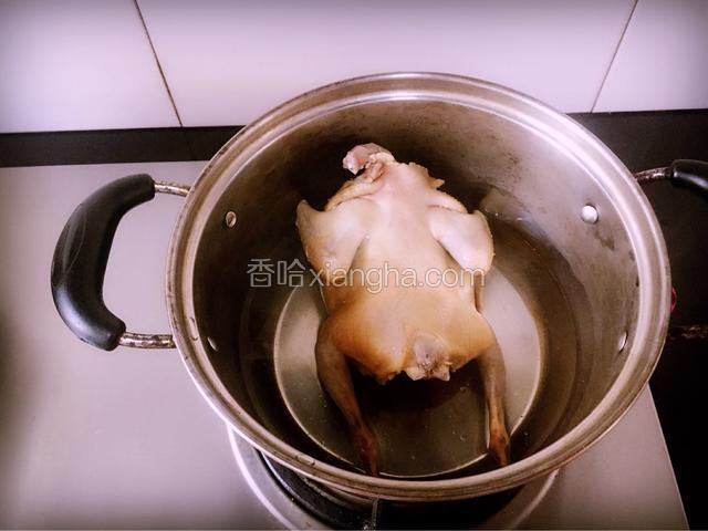 锅里倒入清水，放入准备好的鸽子，煮沸焯烫滤去血水
