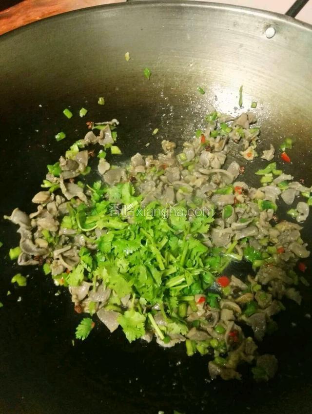 最后加入香菜，洒上适量盐，半勺耗油，适量十三香一起翻炒均匀，然后就可以装盘了。