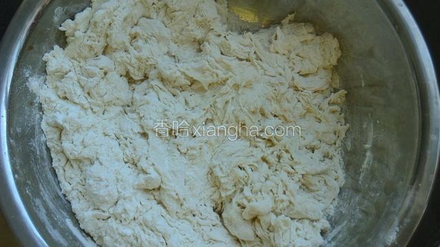 用不烫手的温水一点点加入面粉中，边加边搅拌变成面絮。