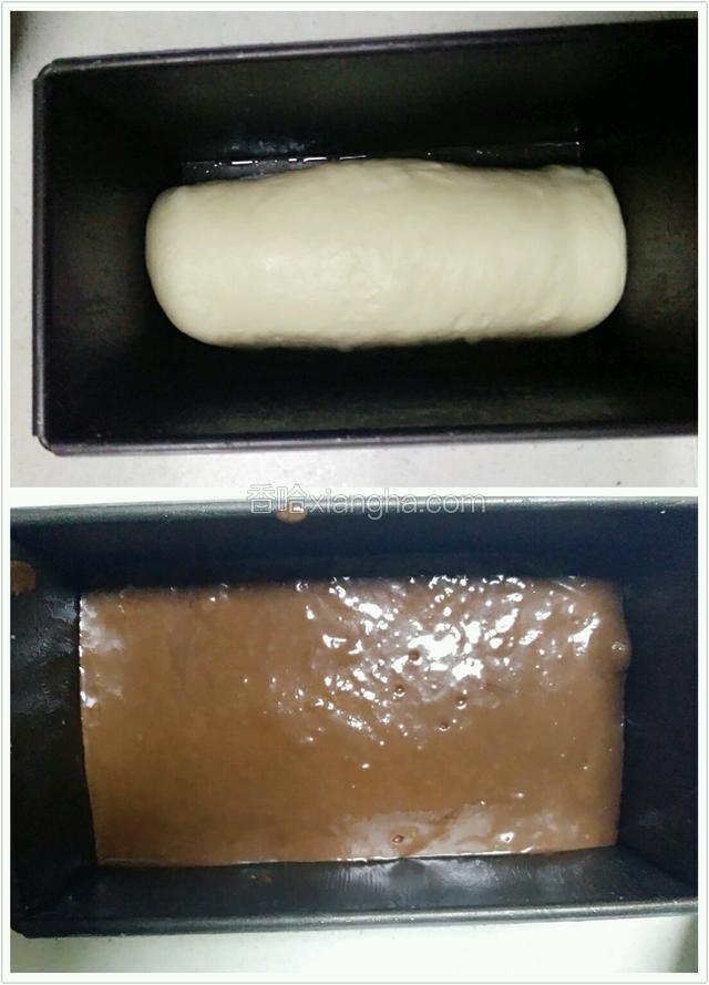 二发土司不可到两倍大，会把蛋糕部分挤没。发好的模具里倒入蛋糕糊