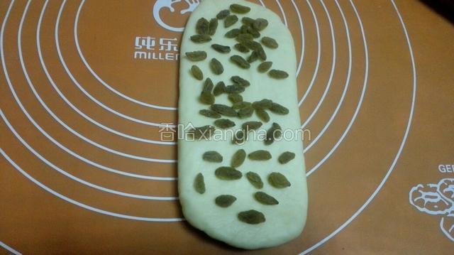 取一份擀成牛舌状，宽度小于模具，撒上葡萄干！