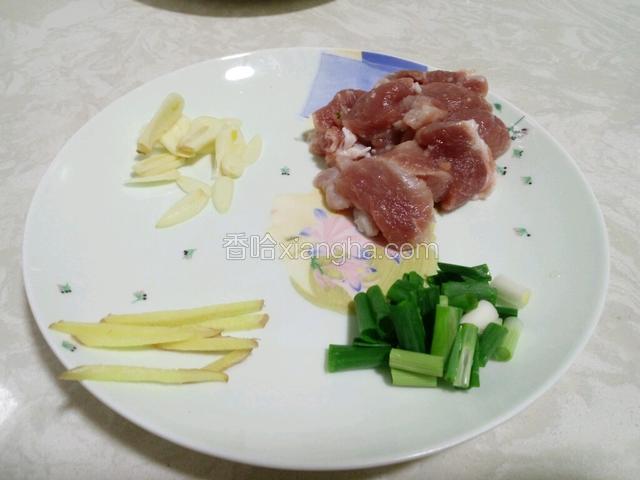 准备好葱，姜，蒜，肉切片。