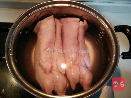 汤锅加水倒入料酒，将猪蹄放入，盖好锅盖开大火煮