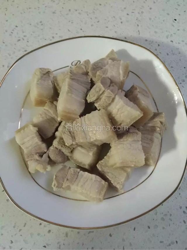 凉水锅倒入五花肉烧开撇去浮沫捞出控干水份。
