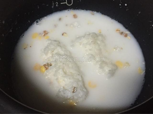 倒入牛奶和水（也可以都用水或者一半奶液一半水，牛奶也可以用椰奶）