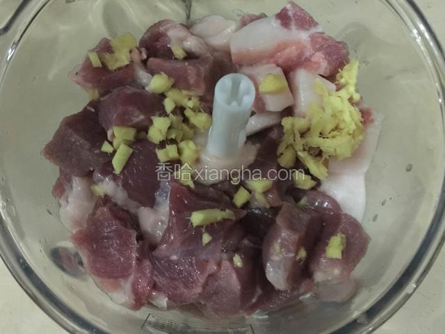 猪肉洗干净切块，姜切碎，一起放入搅拌机搅碎