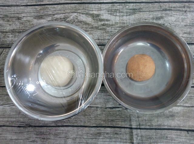 将揉好的两色面团，盖上保鲜膜发酵40分钟。