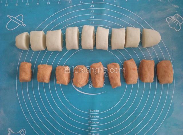 把面团用刀切成大小数量相等的小剂子。