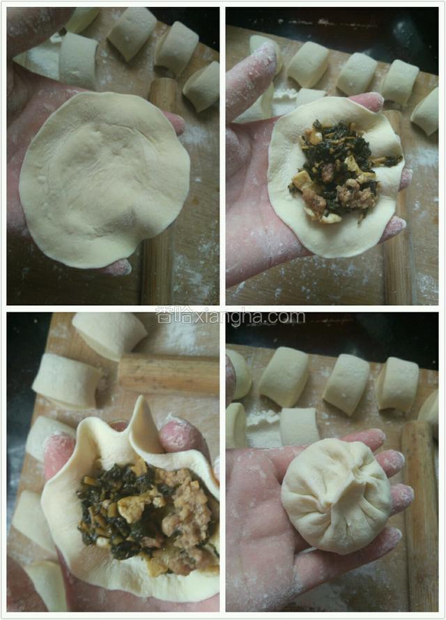 用擀面杖擀成中间厚边沿薄的皮，左手托住包子皮，放入馅，用右手捏起一个褶子，再逆时针方向往后褶，最后收好口。