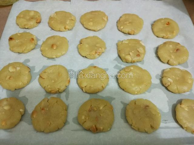 烤盘铺上油纸，取出面团，取每个面团大概30克左右揉成圆再用手掌按扁放在烤盘上，此时烤箱170℃预热